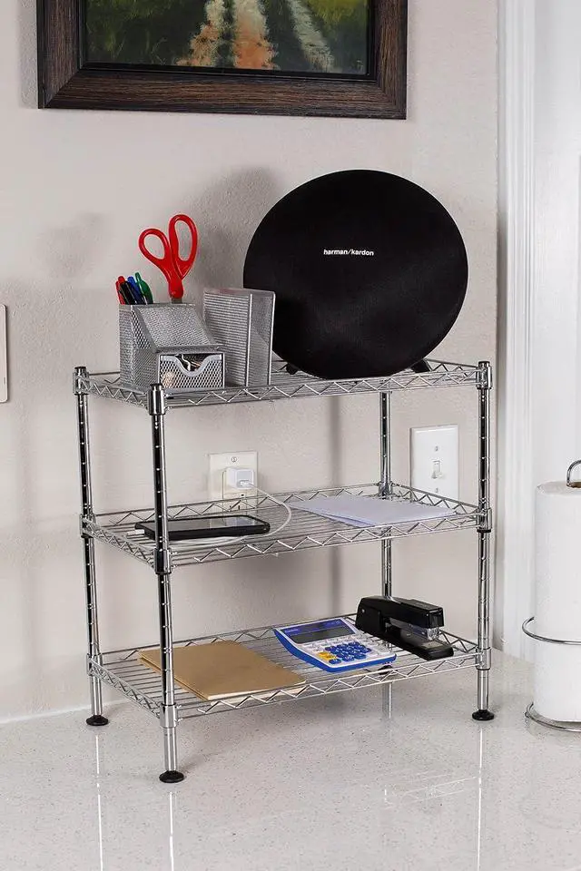 Alt view image 7 of 7 - Internet's Best 3-Tier Compact Wire Utility Shelving Unit - Adjustable Storage Rack for Kitchen, Bathroom, Pantry, Laundry, Cabinets - Durable Chrome Steel - Shelving for Under Sink Organization