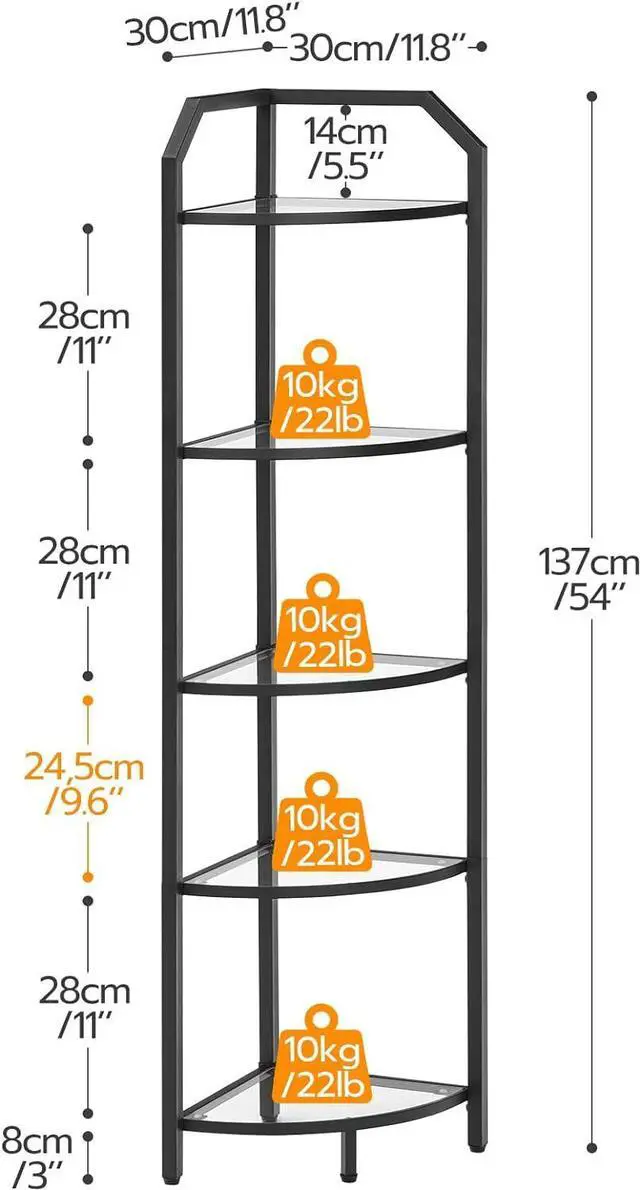 Alt view image 3 of 7 - HOOBRO 5-Tier Corner Shelf Stand, Gold Corner Bookshelf, Tempered Glass Shelves, Bathroom Organizer, Corner Plant Stand, for Living Room, Study, Balcony, Home Office, Modern Style, Black BK15CJ01