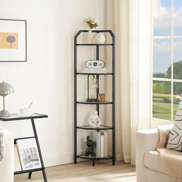 Alt view image 2 of 7 - HOOBRO 5-Tier Corner Shelf Stand, Gold Corner Bookshelf, Tempered Glass Shelves, Bathroom Organizer, Corner Plant Stand, for Living Room, Study, Balcony, Home Office, Modern Style, Black BK15CJ01