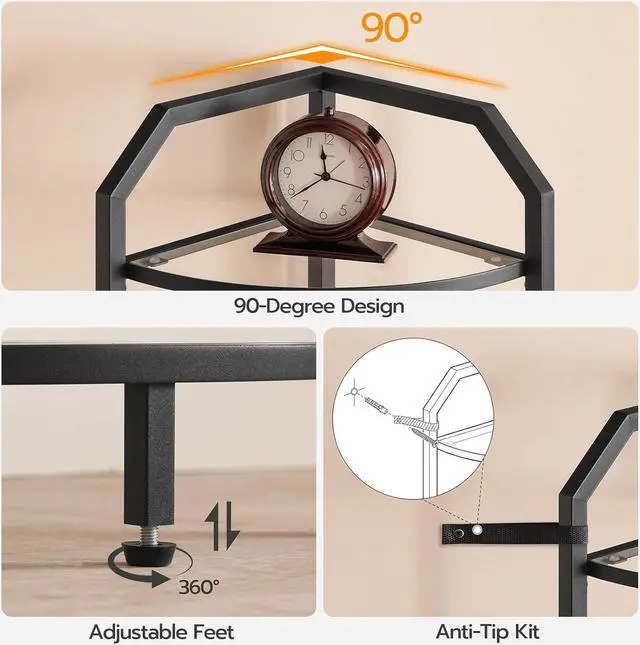 Alt view image 7 of 7 - HOOBRO 5-Tier Corner Shelf Stand, Gold Corner Bookshelf, Tempered Glass Shelves, Bathroom Organizer, Corner Plant Stand, for Living Room, Study, Balcony, Home Office, Modern Style, Black BK15CJ01