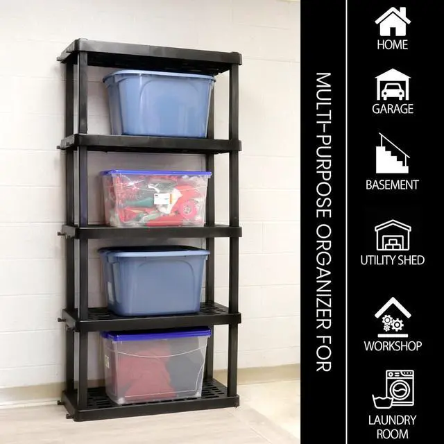 Alt view image 4 of 7 - Koolatron Oskar Small Interlocking Shelving Unit, 5-Tier, Tool-Free Assembly, Heavy Duty Storage Shelf Multipurpose Home Organization System for Garage, Basement, Workshop, Utility Shed, White