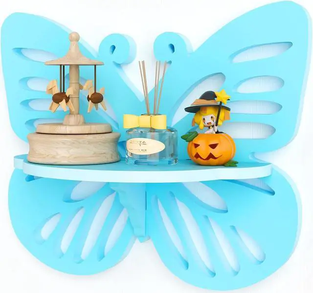 Main image of Butterfly Shaped Nursery Wall Deor Floating Shelf, Small Decorative Shelf Wall Mounted, Cute Wall Display Rack for Kids Room, Hanging Wall Shelf for Toys, Plants and Decorations Storage,Light Blue