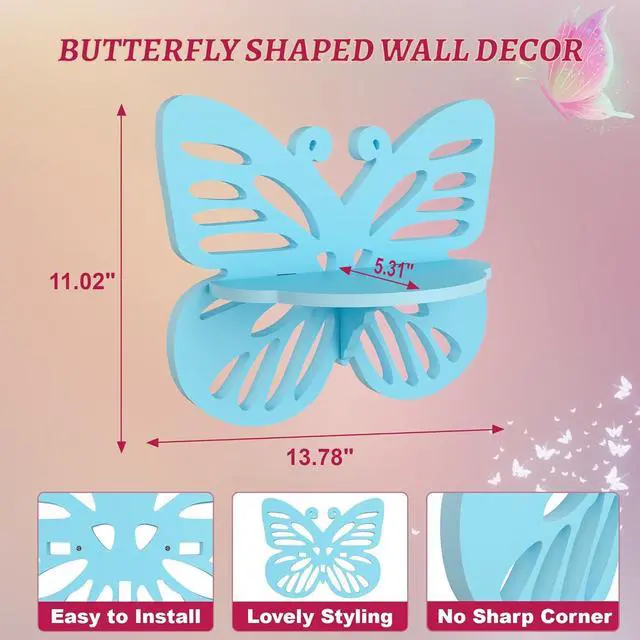 Alt view image 3 of 7 - Butterfly Shaped Nursery Wall Deor Floating Shelf, Small Decorative Shelf Wall Mounted, Cute Wall Display Rack for Kids Room, Hanging Wall Shelf for Toys, Plants and Decorations Storage,Light Blue