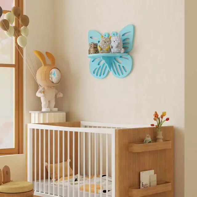 Alt view image 2 of 7 - Butterfly Shaped Nursery Wall Deor Floating Shelf, Small Decorative Shelf Wall Mounted, Cute Wall Display Rack for Kids Room, Hanging Wall Shelf for Toys, Plants and Decorations Storage,Light Blue