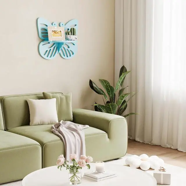Alt view image 4 of 7 - Butterfly Shaped Nursery Wall Deor Floating Shelf, Small Decorative Shelf Wall Mounted, Cute Wall Display Rack for Kids Room, Hanging Wall Shelf for Toys, Plants and Decorations Storage,Light Blue