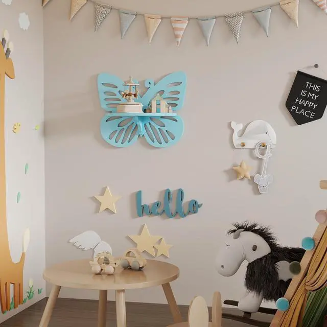 Alt view image 6 of 7 - Butterfly Shaped Nursery Wall Deor Floating Shelf, Small Decorative Shelf Wall Mounted, Cute Wall Display Rack for Kids Room, Hanging Wall Shelf for Toys, Plants and Decorations Storage,Light Blue