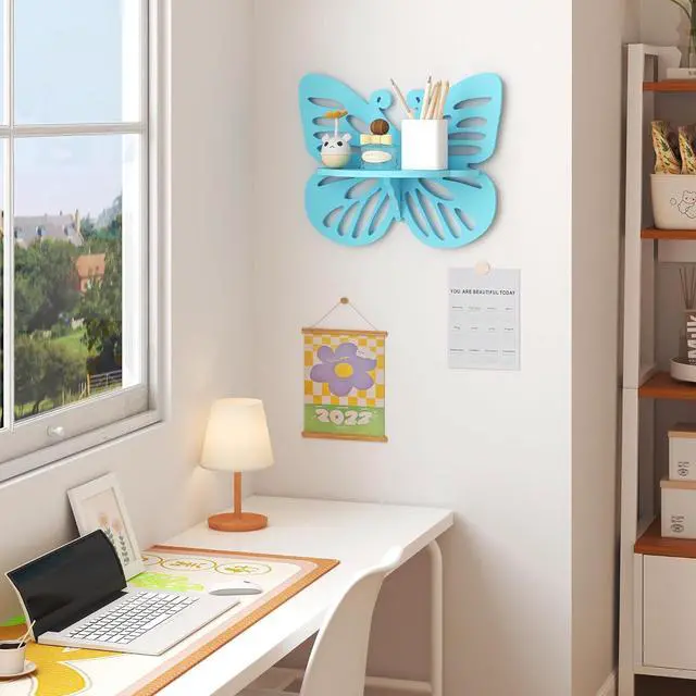 Alt view image 5 of 7 - Butterfly Shaped Nursery Wall Deor Floating Shelf, Small Decorative Shelf Wall Mounted, Cute Wall Display Rack for Kids Room, Hanging Wall Shelf for Toys, Plants and Decorations Storage,Light Blue