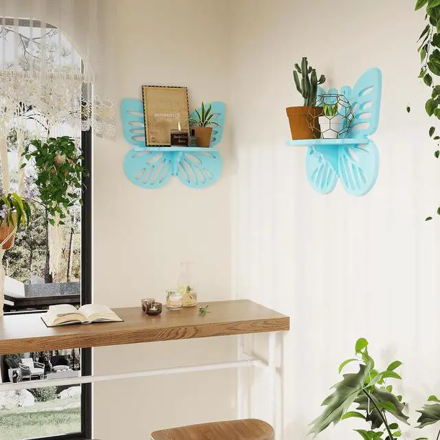 Alt view image 7 of 7 - Butterfly Shaped Nursery Wall Deor Floating Shelf, Small Decorative Shelf Wall Mounted, Cute Wall Display Rack for Kids Room, Hanging Wall Shelf for Toys, Plants and Decorations Storage,Light Blue