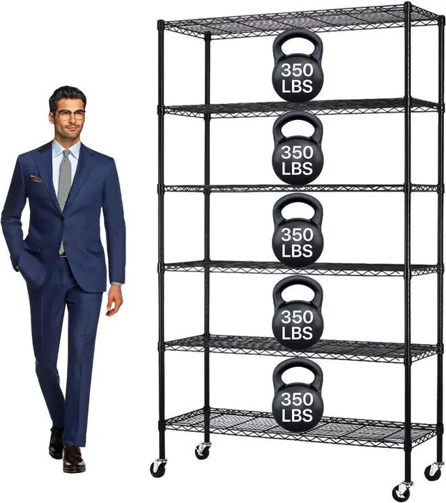 Main image of Dkeli Metal Shelves Garage Shelving Wire Shelving Unit with Wheels, 6000lbs Weight Capacity Heavy Duty NSF Height Adjustable Storage Shelves 6 Tier Steel Commercial Grade Wire Rack (Black, 82x45x18)