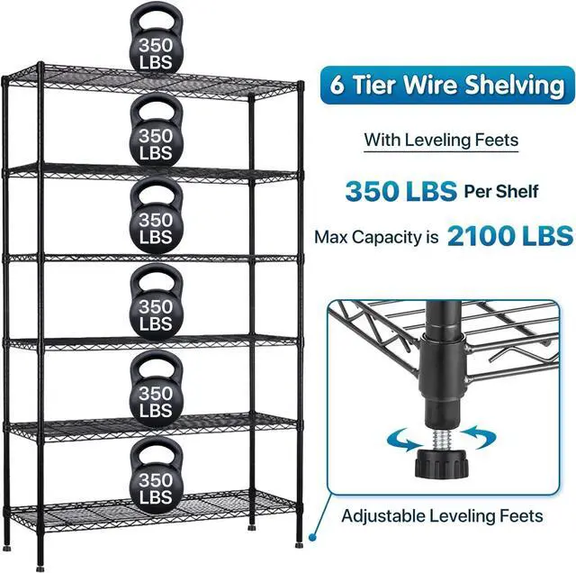 Alt view image 3 of 7 - Dkeli Metal Shelves Garage Shelving Wire Shelving Unit with Wheels, 6000lbs Weight Capacity Heavy Duty NSF Height Adjustable Storage Shelves 6 Tier Steel Commercial Grade Wire Rack (Black, 82x45x18)