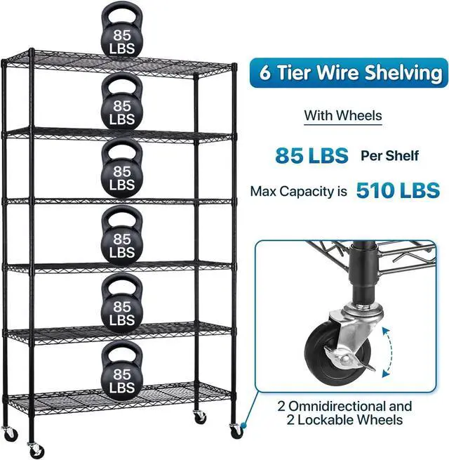 Alt view image 4 of 7 - Dkeli Metal Shelves Garage Shelving Wire Shelving Unit with Wheels, 6000lbs Weight Capacity Heavy Duty NSF Height Adjustable Storage Shelves 6 Tier Steel Commercial Grade Wire Rack (Black, 82x45x18)