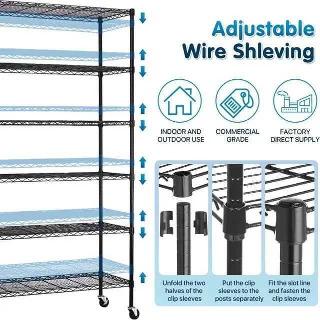 Alt view image 5 of 7 - Dkeli Metal Shelves Garage Shelving Wire Shelving Unit with Wheels, 6000lbs Weight Capacity Heavy Duty NSF Height Adjustable Storage Shelves 6 Tier Steel Commercial Grade Wire Rack (Black, 82x45x18)
