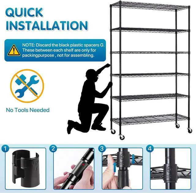 Alt view image 6 of 7 - Dkeli Metal Shelves Garage Shelving Wire Shelving Unit with Wheels, 6000lbs Weight Capacity Heavy Duty NSF Height Adjustable Storage Shelves 6 Tier Steel Commercial Grade Wire Rack (Black, 82x45x18)
