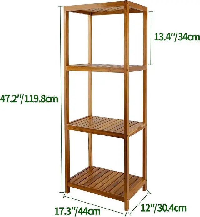 Alt view image 3 of 6 - VaeFae Teak Bathroom Shelf, 4-Tier Storage Shelf, Wooden Stand Shelf Organizer for Bathroom, Kitchen, Living Room, Laundry, Garage