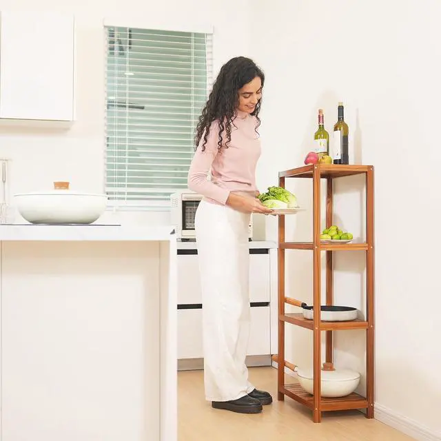 Alt view image 5 of 6 - VaeFae Teak Bathroom Shelf, 4-Tier Storage Shelf, Wooden Stand Shelf Organizer for Bathroom, Kitchen, Living Room, Laundry, Garage