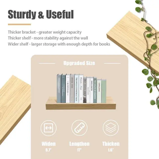 Alt view image 5 of 7 - Habudda Floating Shelves for Wall, Natural Wood Shelf Decor for Bathroom Kitchen Bedroom, Hanging Mounted Invisible Bracket, Small 17 inch, Rustic Burlywood