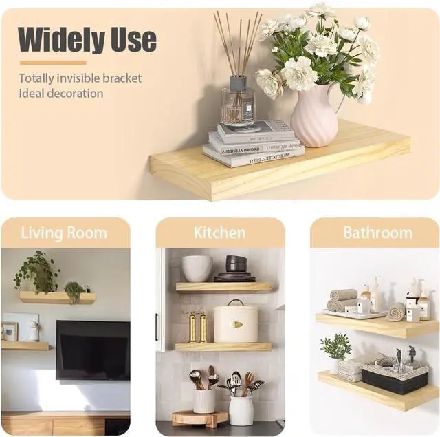 Alt view image 6 of 7 - Habudda Floating Shelves for Wall, Natural Wood Shelf Decor for Bathroom Kitchen Bedroom, Hanging Mounted Invisible Bracket, Small 17 inch, Rustic Burlywood