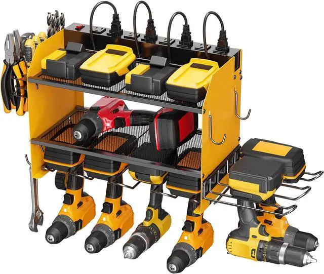 Main image of CCCEI Modular Power Tool Organizer Wall Mount Charging Station, Yellow 6 Drills Holder with 8 Plug Power Strip, Garage Drill Battery Heavy Duty Metal Shelf, Utility Rack with Hooks, Side Storage.