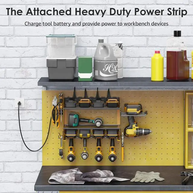 Alt view image 3 of 7 - CCCEI Modular Power Tool Organizer Wall Mount Charging Station, Yellow 6 Drills Holder with 8 Plug Power Strip, Garage Drill Battery Heavy Duty Metal Shelf, Utility Rack with Hooks, Side Storage.