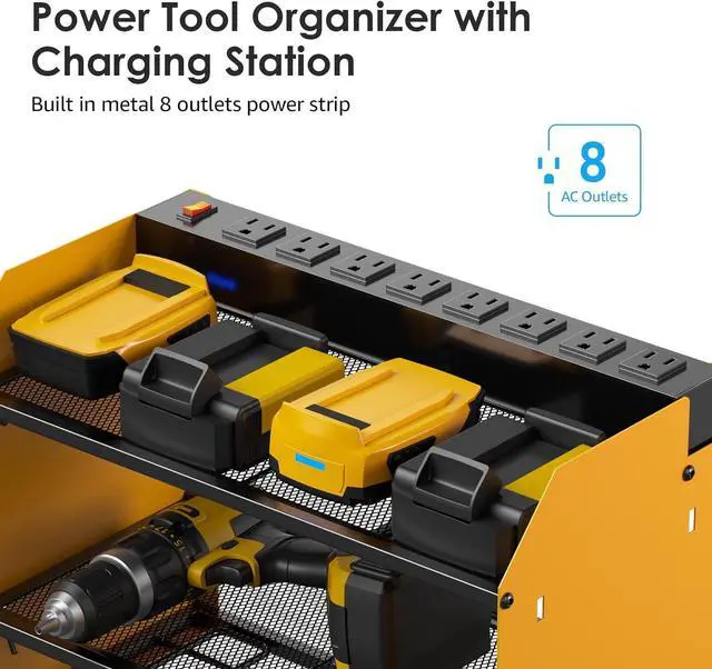 Alt view image 2 of 7 - CCCEI Modular Power Tool Organizer Wall Mount Charging Station, Yellow 6 Drills Holder with 8 Plug Power Strip, Garage Drill Battery Heavy Duty Metal Shelf, Utility Rack with Hooks, Side Storage.