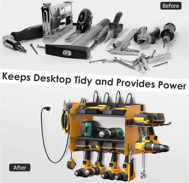 Alt view image 4 of 7 - CCCEI Modular Power Tool Organizer Wall Mount Charging Station, Yellow 6 Drills Holder with 8 Plug Power Strip, Garage Drill Battery Heavy Duty Metal Shelf, Utility Rack with Hooks, Side Storage.