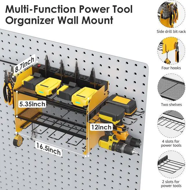 Alt view image 5 of 7 - CCCEI Modular Power Tool Organizer Wall Mount Charging Station, Yellow 6 Drills Holder with 8 Plug Power Strip, Garage Drill Battery Heavy Duty Metal Shelf, Utility Rack with Hooks, Side Storage.