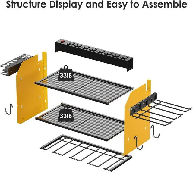 Alt view image 6 of 7 - CCCEI Modular Power Tool Organizer Wall Mount Charging Station, Yellow 6 Drills Holder with 8 Plug Power Strip, Garage Drill Battery Heavy Duty Metal Shelf, Utility Rack with Hooks, Side Storage.