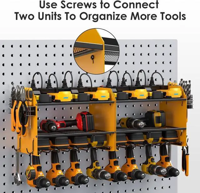 Alt view image 7 of 7 - CCCEI Modular Power Tool Organizer Wall Mount Charging Station, Yellow 6 Drills Holder with 8 Plug Power Strip, Garage Drill Battery Heavy Duty Metal Shelf, Utility Rack with Hooks, Side Storage.
