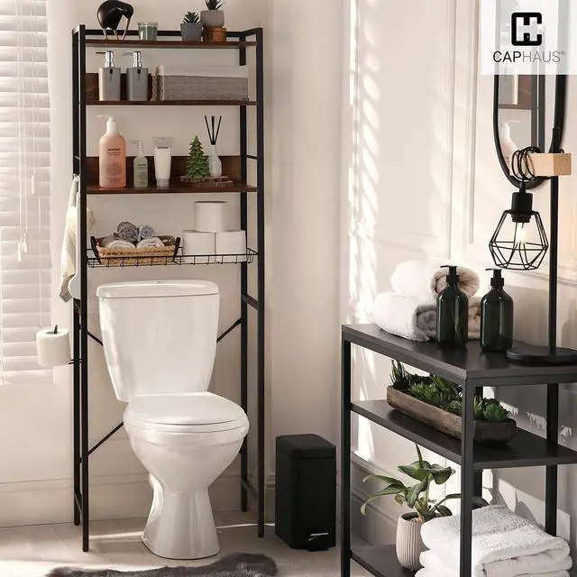 Alt view image 3 of 7 - CAPHAUS Over The Toilet Storage, 4-Tier Bathroom Organizer, Freestanding Toilet Shelf, Multifunctional Space Saver Toilet Rack with 4 Hooks, Laundry Organizer, Plant Stand for Balcony (Rustic Oak)