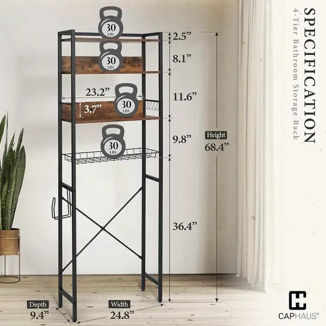 Alt view image 2 of 7 - CAPHAUS Over The Toilet Storage, 4-Tier Bathroom Organizer, Freestanding Toilet Shelf, Multifunctional Space Saver Toilet Rack with 4 Hooks, Laundry Organizer, Plant Stand for Balcony (Rustic Oak)