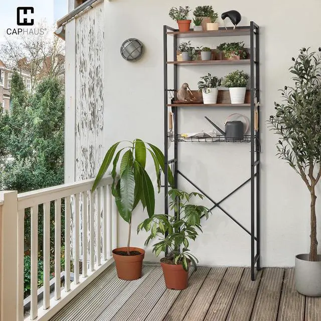 Alt view image 5 of 7 - CAPHAUS Over The Toilet Storage, 4-Tier Bathroom Organizer, Freestanding Toilet Shelf, Multifunctional Space Saver Toilet Rack with 4 Hooks, Laundry Organizer, Plant Stand for Balcony (Rustic Oak)