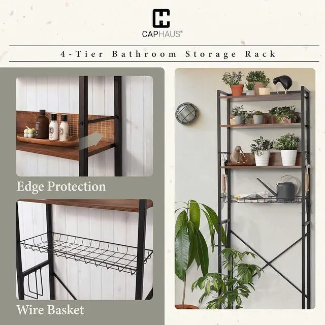 Alt view image 6 of 7 - CAPHAUS Over The Toilet Storage, 4-Tier Bathroom Organizer, Freestanding Toilet Shelf, Multifunctional Space Saver Toilet Rack with 4 Hooks, Laundry Organizer, Plant Stand for Balcony (Rustic Oak)