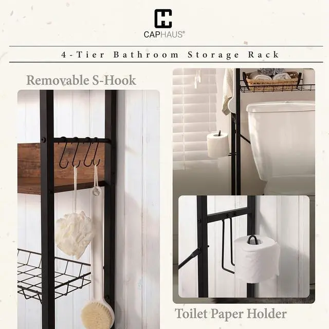 Alt view image 7 of 7 - CAPHAUS Over The Toilet Storage, 4-Tier Bathroom Organizer, Freestanding Toilet Shelf, Multifunctional Space Saver Toilet Rack with 4 Hooks, Laundry Organizer, Plant Stand for Balcony (Rustic Oak)