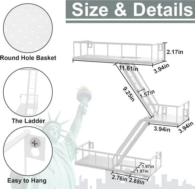 Alt view image 3 of 7 - Fire Escape Wall Shelf with Baskets, 3-Tier Metal Fire Escape Ladder Shelf Wall Organizer, New York Inspired Decorative Shelf, White Floating Action Figurine Display Shelves for Bedroom, Home Décor.