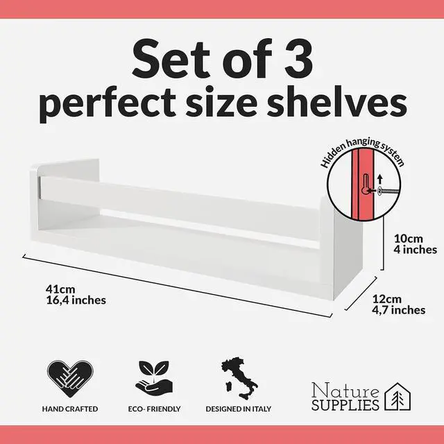 Alt view image 3 of 7 - NATURE SUPPLIES Set of 3, 16.4" White Floating Nursery Shelves for Wall, Kids Bookshelf for Bedroom, Nursery Storage, Decorative Display for Kids Rooms, Modern Wall-Mounted Organizer for Home