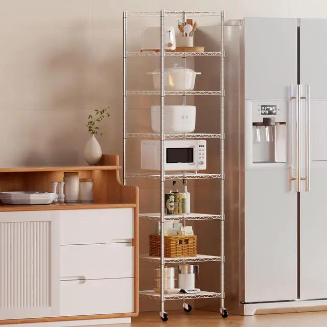 Alt view image 2 of 7 - Finnhomy Heavy Duty 8 Tier Wire Shelving with Wheels 18x18x72.8-inches 8 Shelves Storage Rack Thicken Steel Tube, Pantry Shelves for Storage, Adjustable Shelving Unit, NSF Certified, Chrome