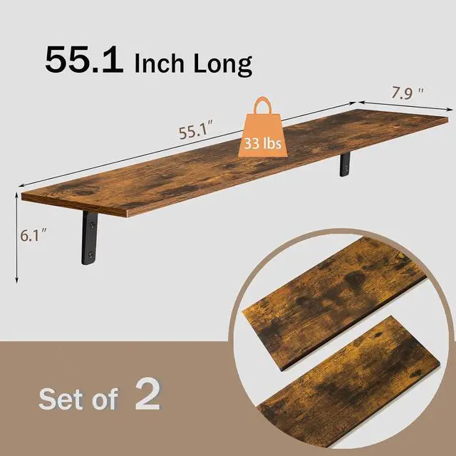 Alt view image 3 of 7 - DINZI LVJ Long Wall Shelves, 55.1Inch Wooden Wall Mounted Shelves, Set of 2