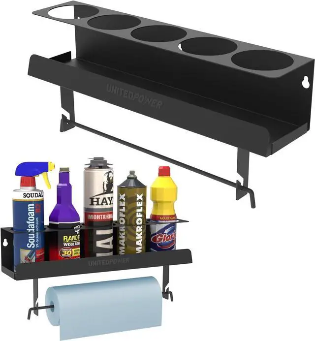 Main image of UNITEDPOWER 5 Aerosol Spray Can/Paper Towel Holder, Paint Bottle Storage Rack, Steel Wall Mount Shelf, Tool Organizer for Garage, Craft Workspace and Home