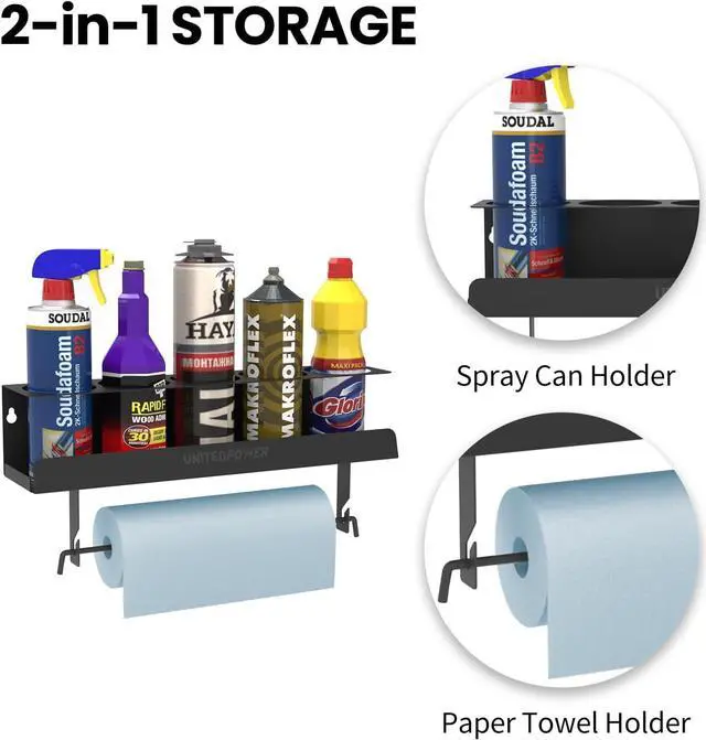 Alt view image 3 of 7 - UNITEDPOWER 5 Aerosol Spray Can/Paper Towel Holder, Paint Bottle Storage Rack, Steel Wall Mount Shelf, Tool Organizer for Garage, Craft Workspace and Home