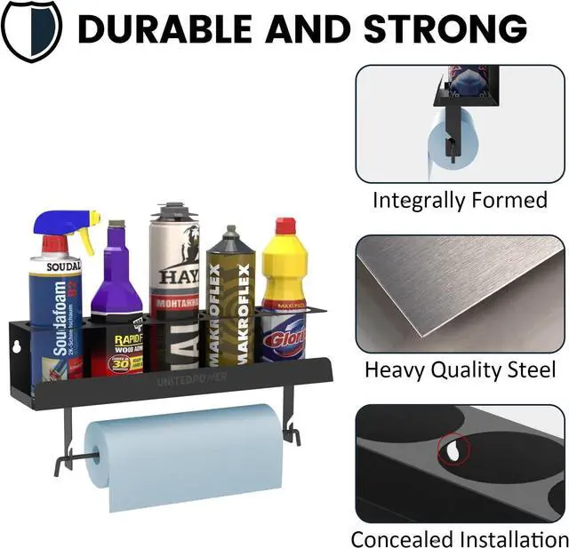 Alt view image 4 of 7 - UNITEDPOWER 5 Aerosol Spray Can/Paper Towel Holder, Paint Bottle Storage Rack, Steel Wall Mount Shelf, Tool Organizer for Garage, Craft Workspace and Home