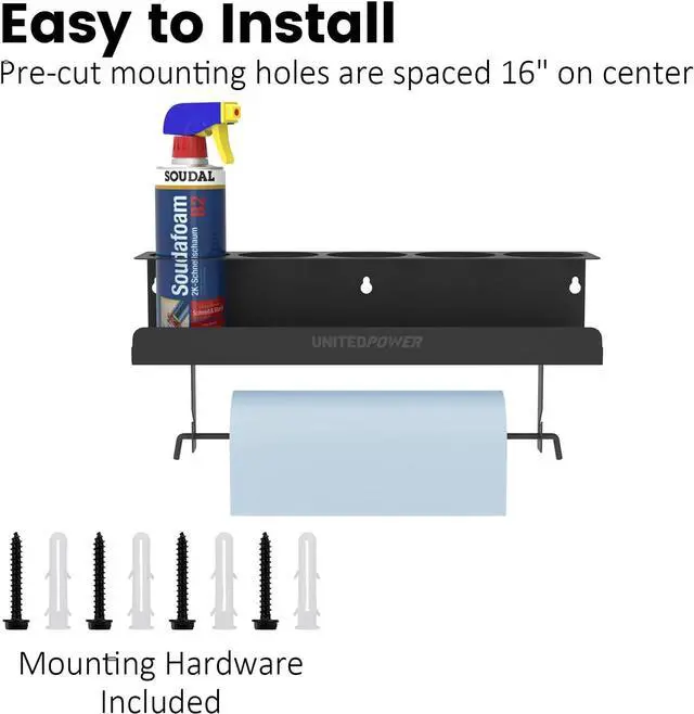 Alt view image 5 of 7 - UNITEDPOWER 5 Aerosol Spray Can/Paper Towel Holder, Paint Bottle Storage Rack, Steel Wall Mount Shelf, Tool Organizer for Garage, Craft Workspace and Home