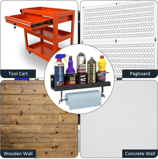 Alt view image 7 of 7 - UNITEDPOWER 5 Aerosol Spray Can/Paper Towel Holder, Paint Bottle Storage Rack, Steel Wall Mount Shelf, Tool Organizer for Garage, Craft Workspace and Home