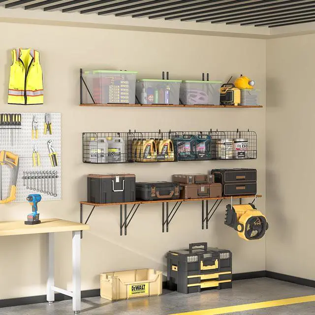 Alt view image 4 of 6 - ThreeHio 2 Pack Garage Shelves Wall Mounted with Wire Storage baskets, Heavy Duty Garage Wall Shelving with Hooks, Wooden floating shelves Tool Organizer for Home Garden Garage Organizers and Storage