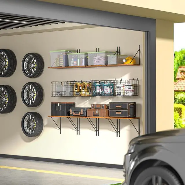 Alt view image 2 of 6 - ThreeHio 2 Pack Garage Shelves Wall Mounted with Wire Storage baskets, Heavy Duty Garage Wall Shelving with Hooks, Wooden floating shelves Tool Organizer for Home Garden Garage Organizers and Storage