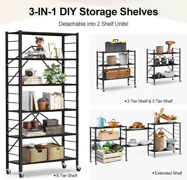 Alt view image 3 of 7 - Himix 6-Tier Foldable Storage Shelves with Wheels Adjustable Kitchen Black