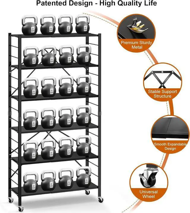 Alt view image 6 of 7 - Himix 6-Tier Foldable Storage Shelves with Wheels Adjustable Kitchen Black