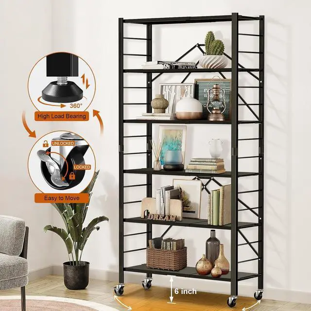 Alt view image 7 of 7 - Himix 6-Tier Foldable Storage Shelves with Wheels Adjustable Kitchen Black