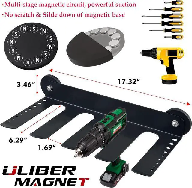 Alt view image 3 of 7 - Magnetic Power Tool Organizer, Utility Storage Rack Shelf with Screwdriver Holder,Wall Mount Heavy Duty Cordless Drill Holder,Removable Tool Rack Suitable for Garage, Workshop