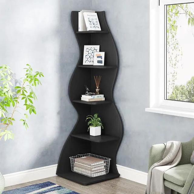 Alt view image 2 of 7 - Tribesigns Corner Shelf, Modern 5-Tier Wall Corner Bookshelf, Stylish Corner Small Bookcase Storage Rack Plant Stand with Unique Shape for Living Room, Home Office, (1PC, Black)