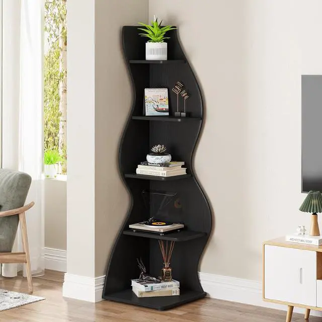 Alt view image 4 of 7 - Tribesigns Corner Shelf, Modern 5-Tier Wall Corner Bookshelf, Stylish Corner Small Bookcase Storage Rack Plant Stand with Unique Shape for Living Room, Home Office, (1PC, Black)
